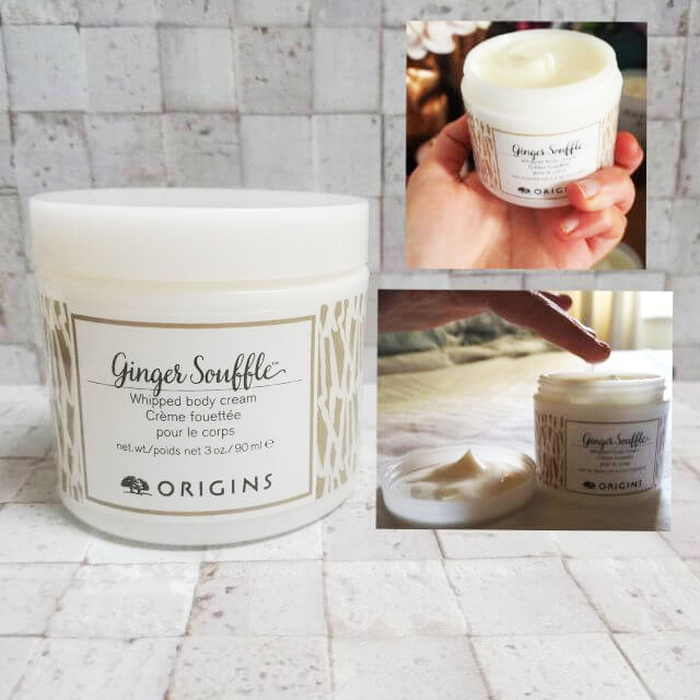 Origins Ginger Souffle Whipped Body Cream 90 ml  ส่วนผสมของน้ำมันมะกอก น้ำมันจากเมล็ดองุ่น น้ำมันรำข้าวและน้ำมันแอปริคอต ให้ความชุ่มชื้นเนียนนุ่มแก่ผิว   ในขณะที่กลิ่นหอมหวานเย้ายวนด้วยน้ำมันหอมระเหยผสมผสานของขิง เลมอน ไลม์ มะกรูด เกรปฟรุตและกานพลู ให้ความรู้สึกหอมสดชื่นทั่วทั้งผิวกาย