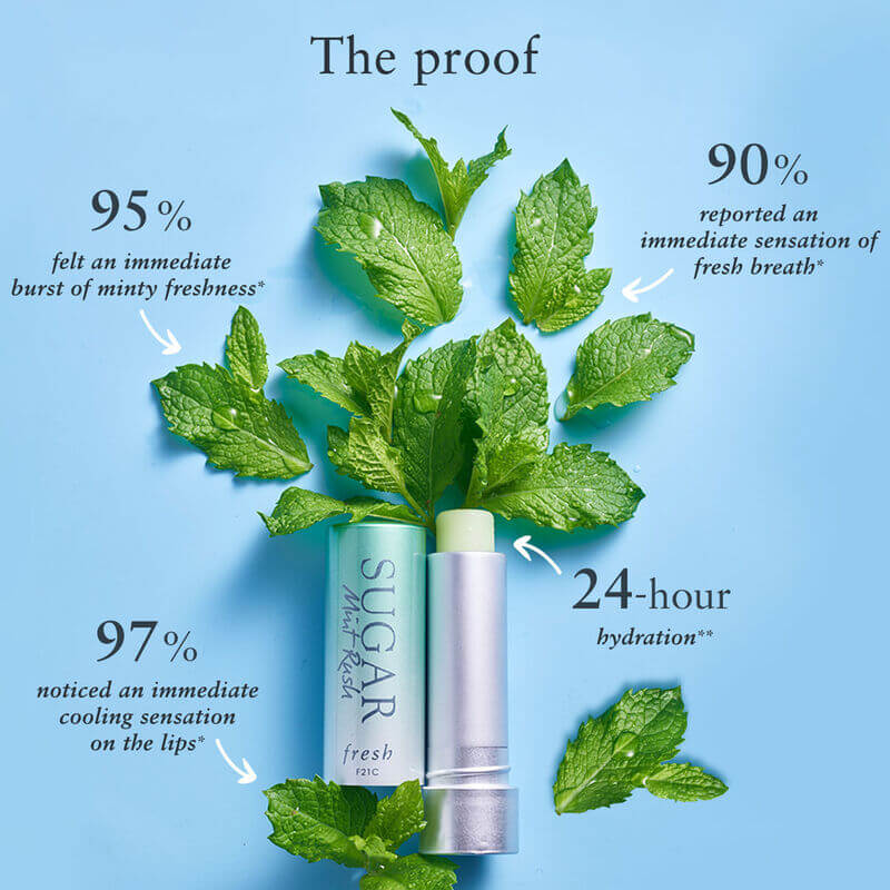 Fresh Sugar Mint Rush Freshening Lip Treatment  2.2g ลิปทรีตเมนต์นวัตกรรมใหม่ล่าสุดที่มอบความชุ่มชื้นได้ยาวนานสูงสุด 24 ชั่วโมงมาพร้อมกลิ่นแสนสดชื่นของมินต์ Duo of Time-Release Technologies: เทคโนโลยีที่ห่อหุ้มความเย็นสดชื่นของมินต์ และจะเพิ่มความเย็นสดชื่นยิ่งขึ้นเมื่อคุณเม้มริมฝีปาก