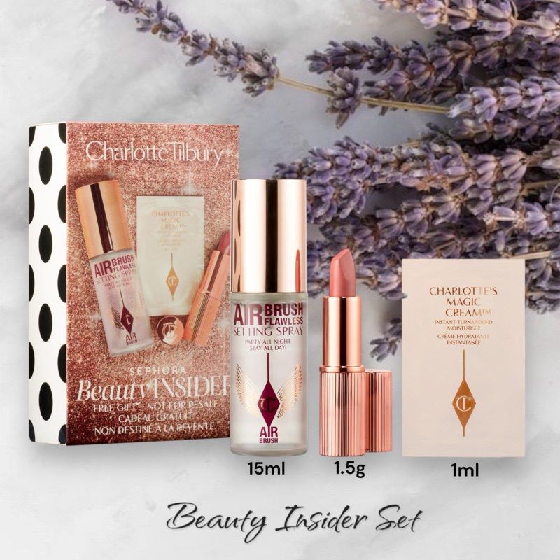 Charlotte Tilbury Beauty Inside Set 3 pcs, Airbrush Flawless Setting Spray 15ml , Matte Revolution Lipstick 1.5g #Pillow Talk , Magic Cream 1ml,charlotte tilbury flawless look birthday set